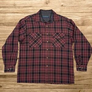 Claybrooke Outdoors Mens Large Plaid Button Up Shirt Burgundy Black Long Sleeve